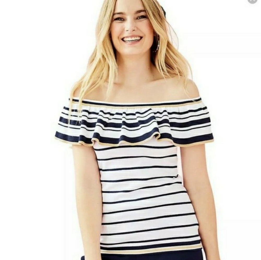 Lilly Pulitzer Sweater Top Short Sleeve Off Shoulder Perelle Medium NEW Ruffle - Picture 3 of 5